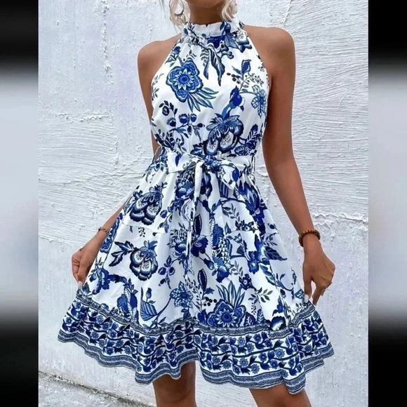 Floral Print Belted Halter Dress - Picture 1 of 6